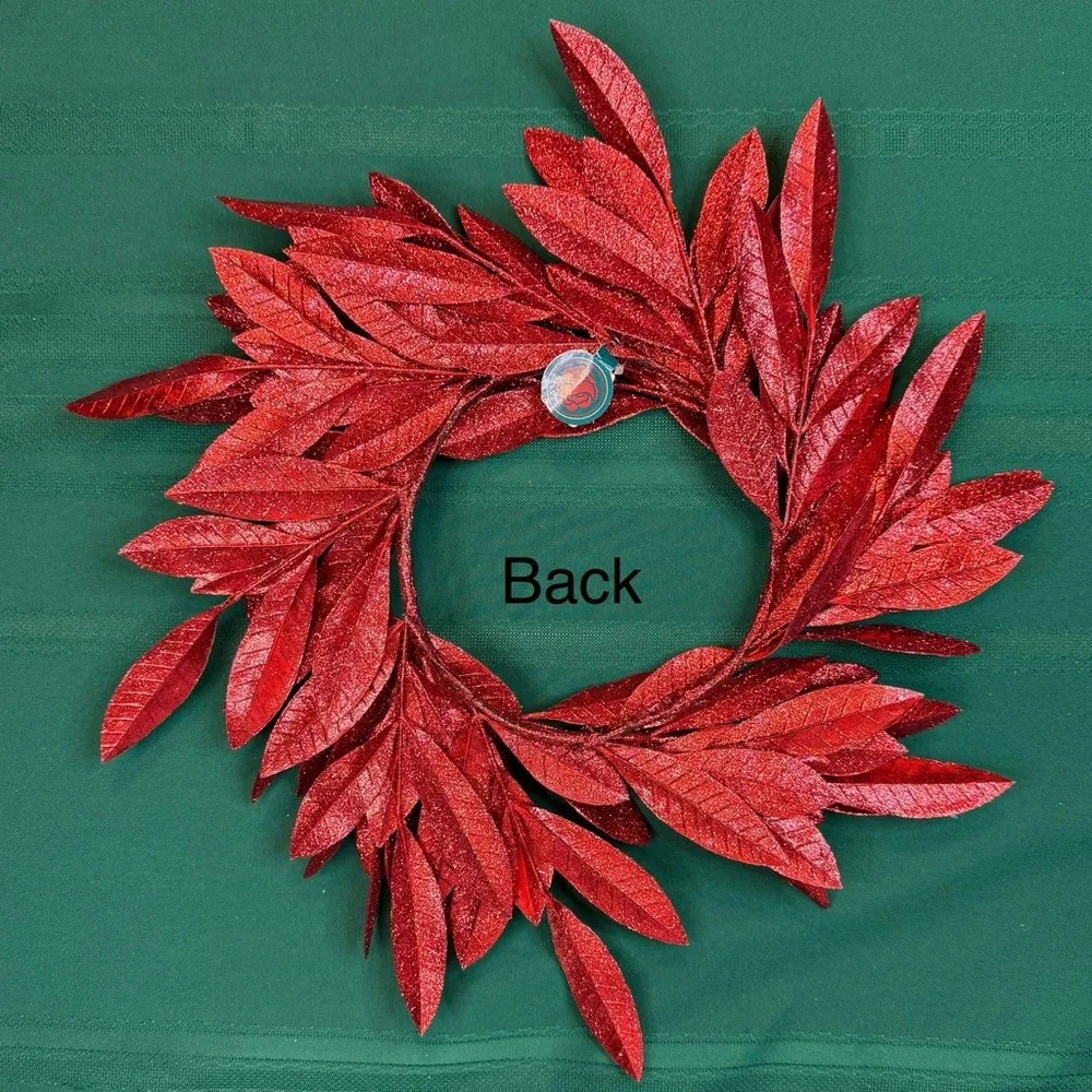 Wreath of Artificial Red Glitter Bay Leaves 18” at Widest Point